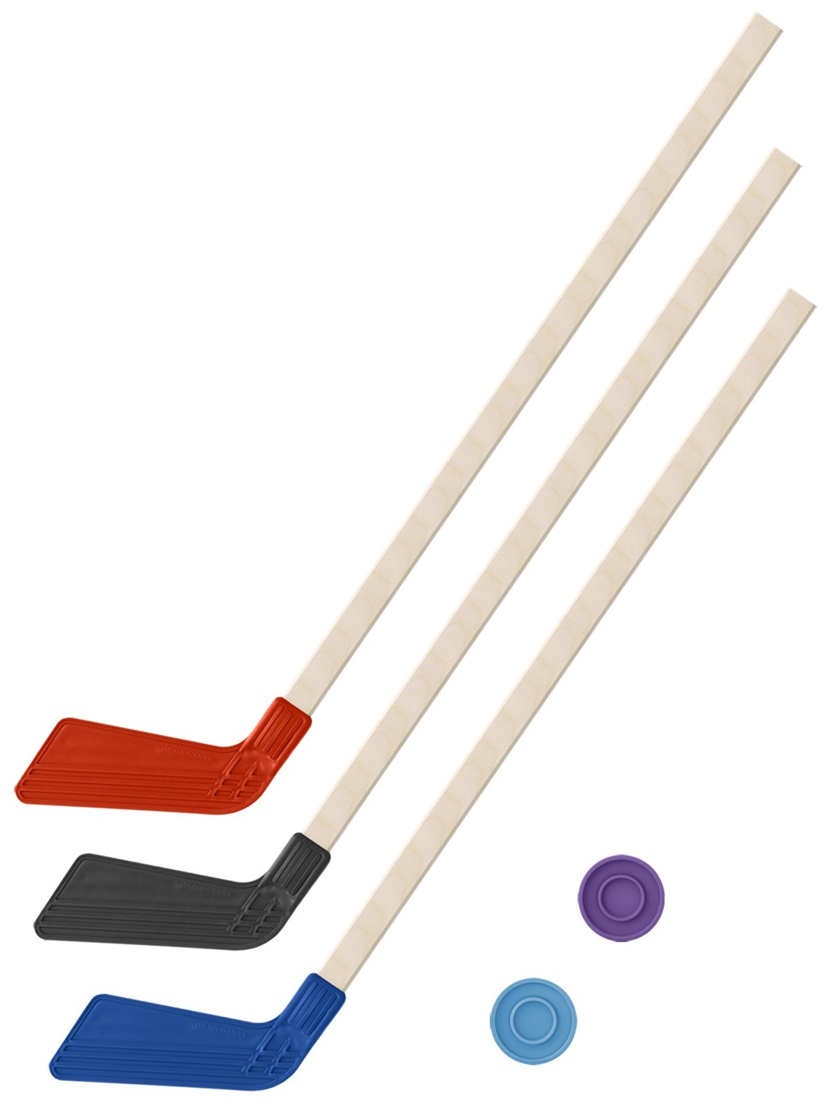 фото Набор зимний задира-плюс клюшка хоккейная 3 клюшки 80 см. (красная,черная,синяя)+2 шайбы
