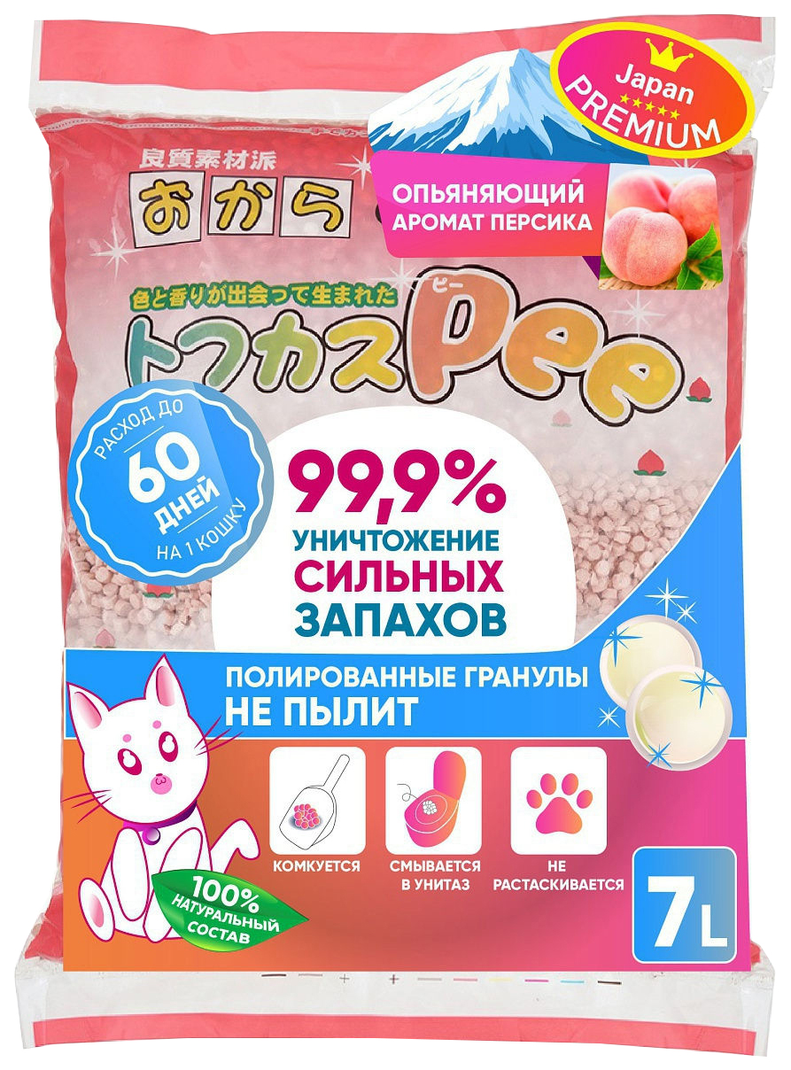 фото Наполнитель для туалета кошек japan premium pet на основе тофу и персика, 2 шт по 7 л
