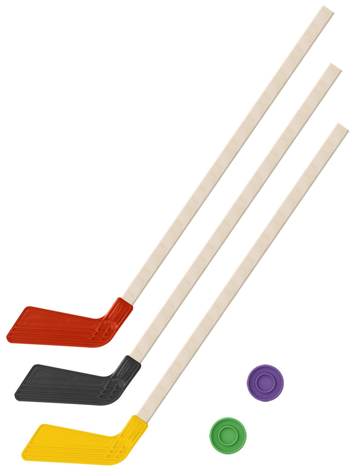 фото Набор зимний задира-плюс клюшка хоккейная 3 клюшки 80 см. (красная,черная,желтая)+2 шайбы