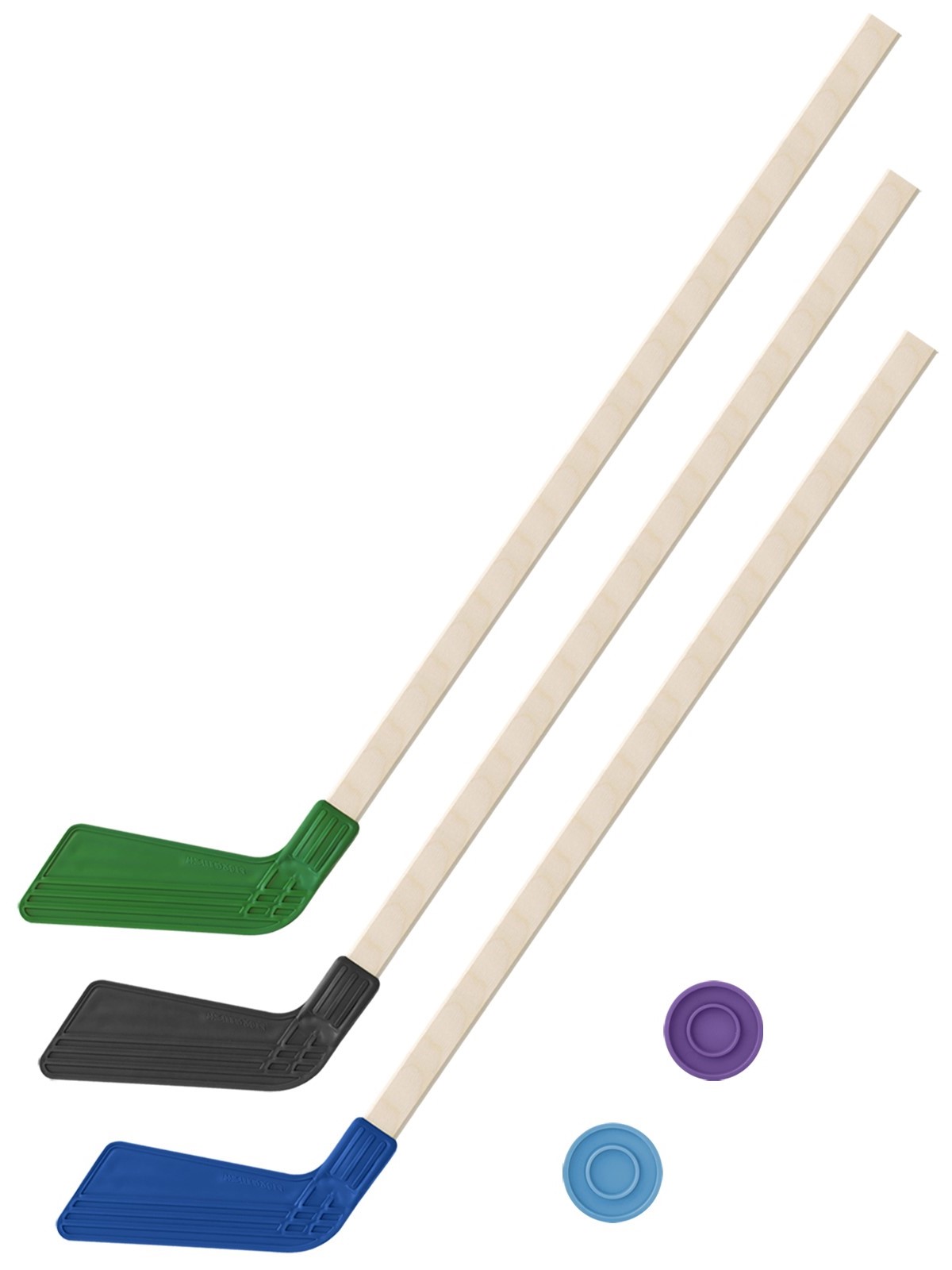 фото Набор зимний задира-плюс клюшка хоккейная 3 клюшки 80 см. (зеленая,черная,синяя)+2 шайбы