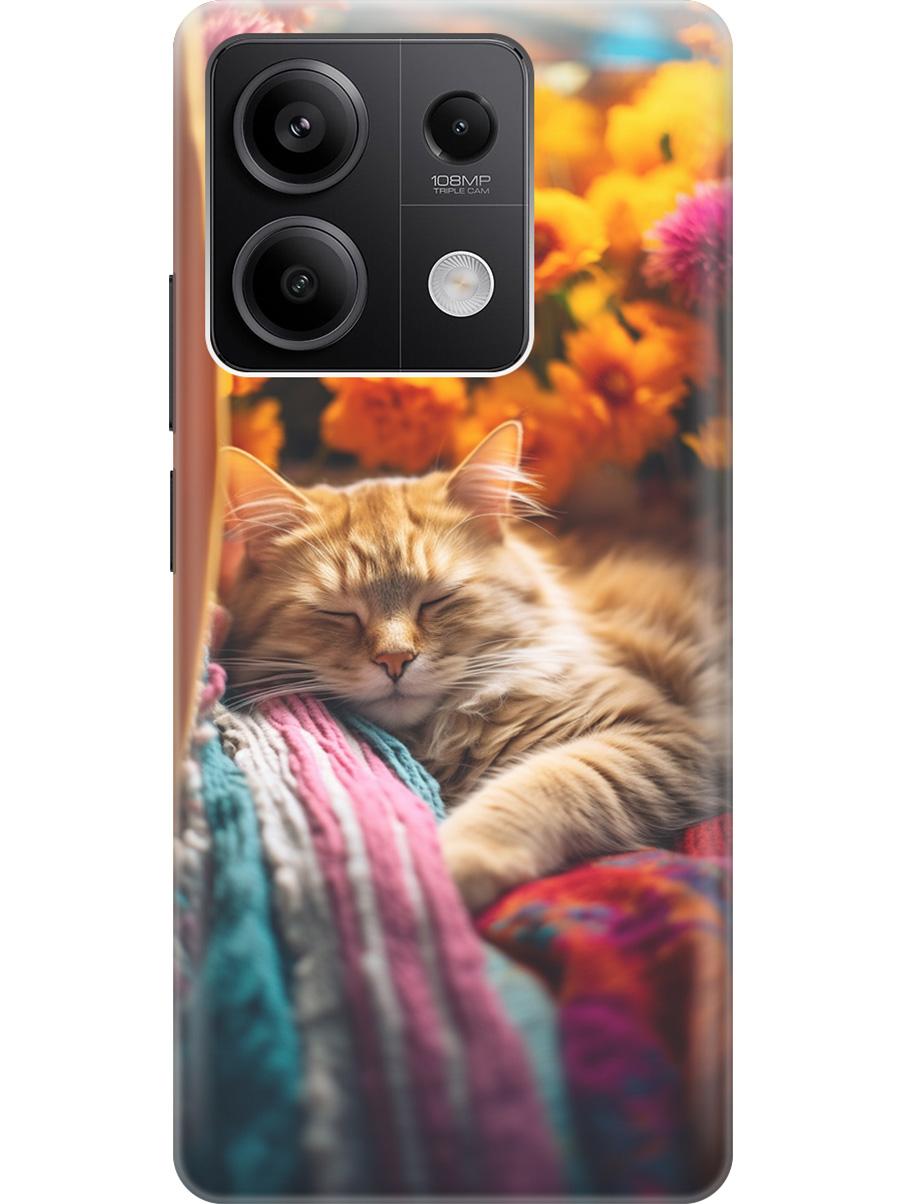 

Силиконовый чехол на Xiaomi Redmi Note 13 5g с рисунком "Спящий на пледе котик", Белый;желтый, 20012076
