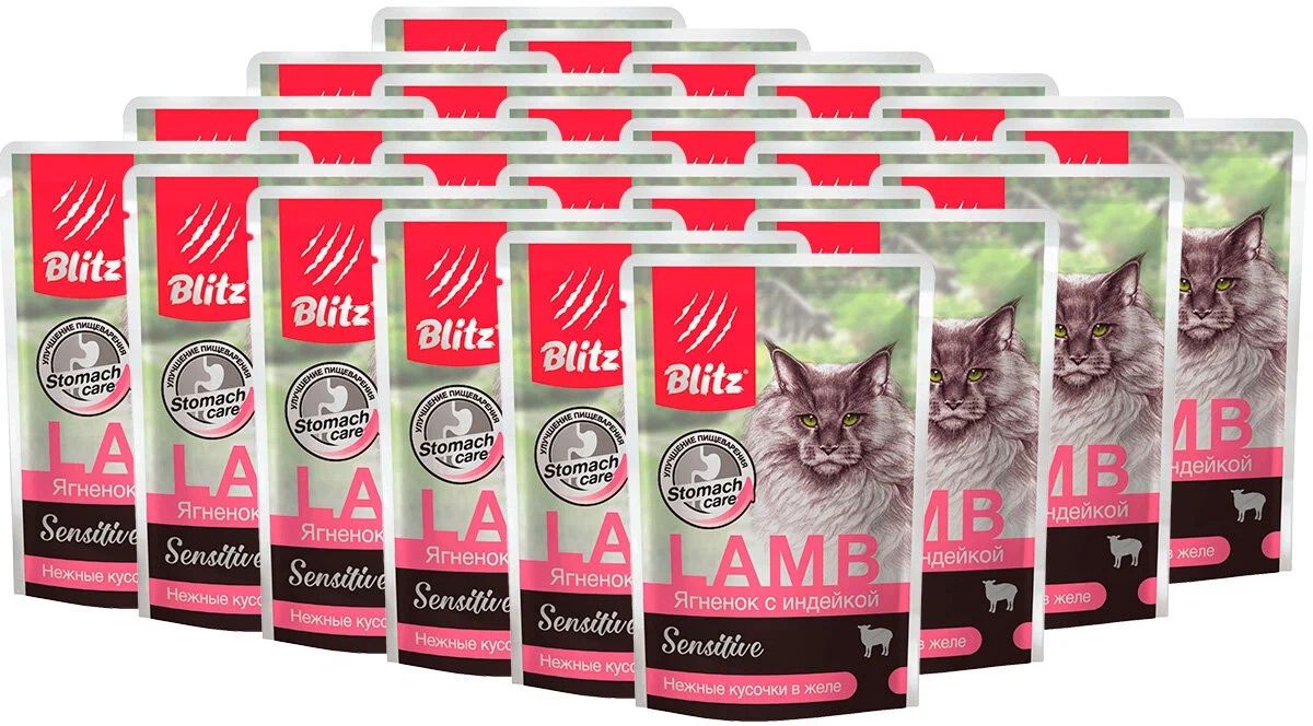 Влажный корм для кошек BLITZ, ягненок с индейкой в желе, 24 шт по 85 г