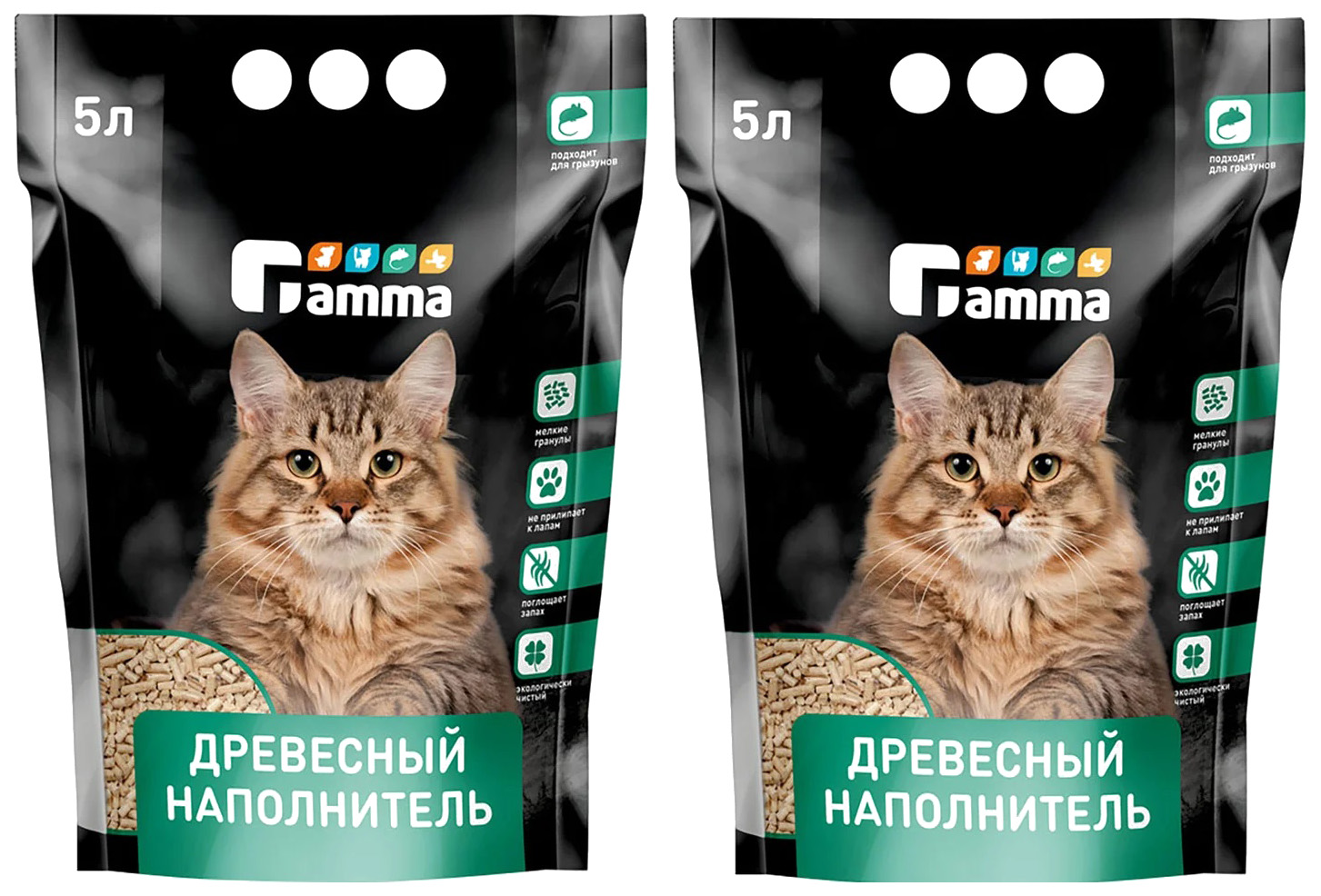 Комкующийся наполнитель Gamma древесный, мелкие гранулы, 2 шт по 5 л