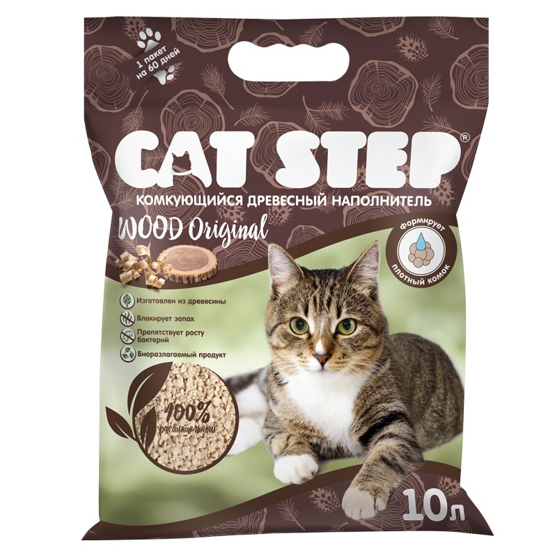 Комкующийся наполнитель Cat Step Wood Original древесный, 4 шт по 10л