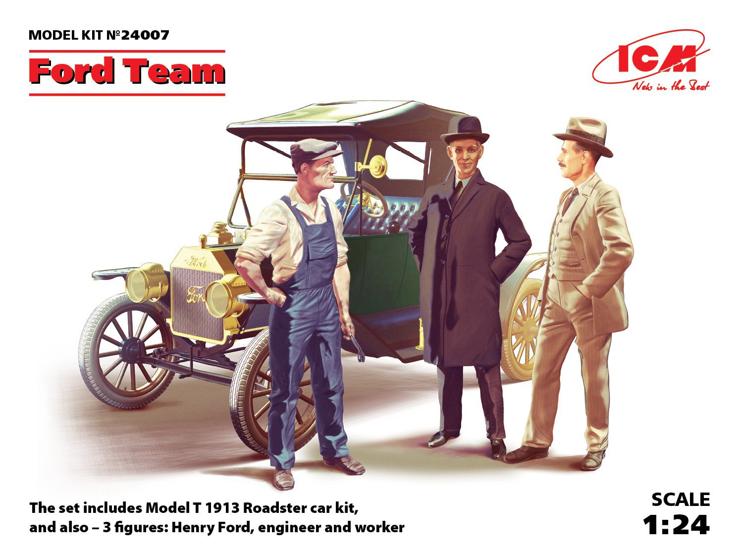 фото Сборная модель icm 1/24 автомобиль model t 1913 roadster и набор фигур команда форда 24007