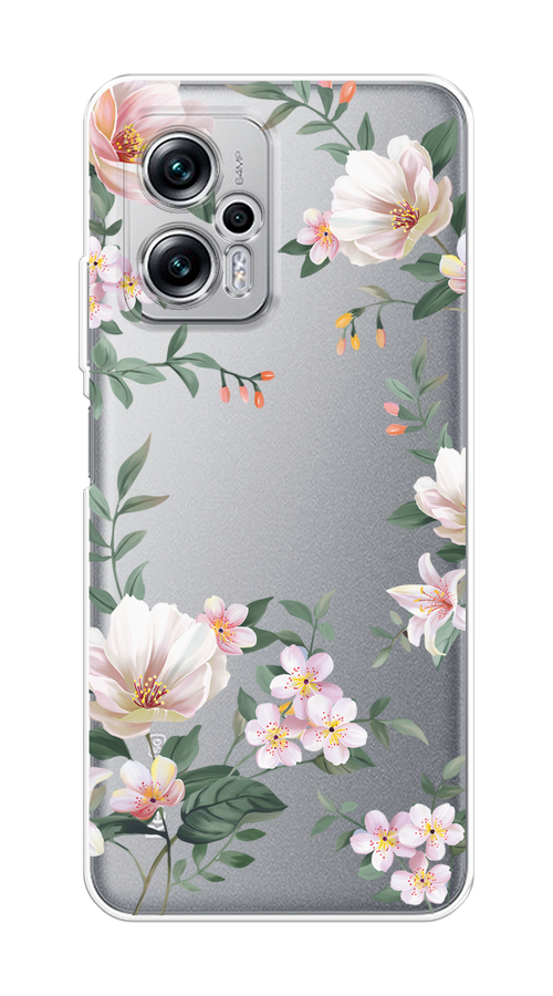 

Чехол на Xiaomi Poco X4 GT/Redmi Note 11T Pro/11T Pro Plus "Beautiful white flowers", Бежевый;зеленый, 315450-1