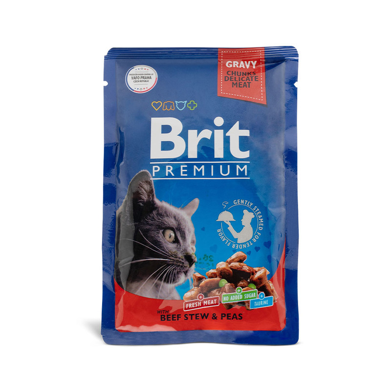 Влажный корм для кошек Brit Premium, говядина и горошек в соусе, 85 гр