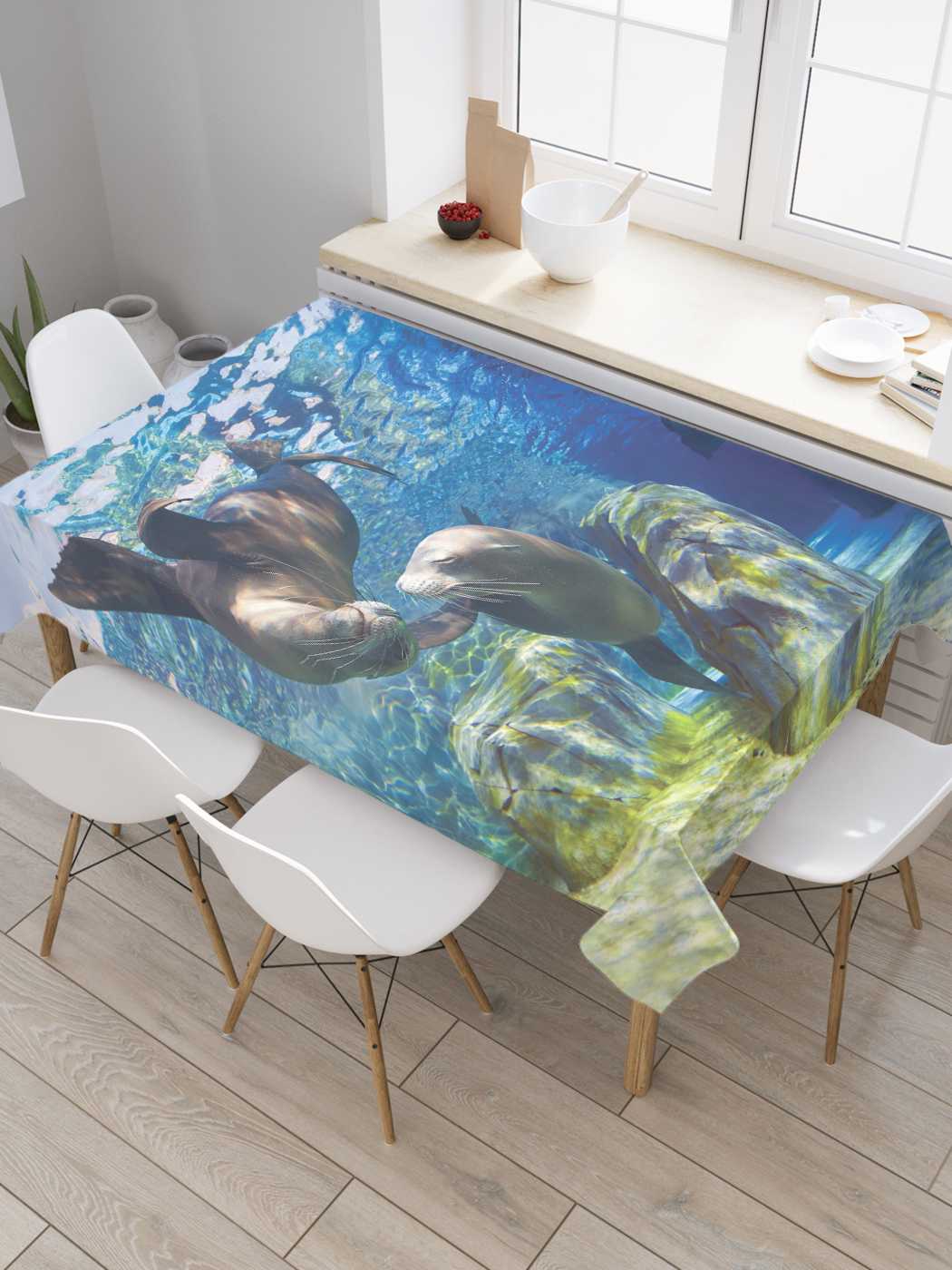 

Скатерть прямоугольная JoyArty "Морские котики веселятся" из сатена, 180x145 см, Бежевый, Морские котики веселятся