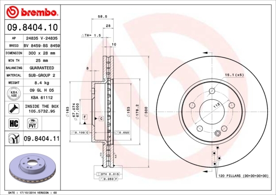 

Тормозной диск brembo передний вентилируемый 300x28 мм 5 отверстий 9840411