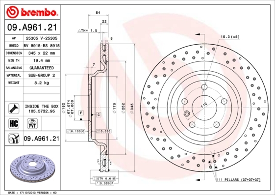 

Тормозной диск brembo задний окрашенный перфорированный 345 мм 09a96121