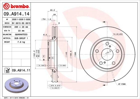 

Тормозной диск brembo передний вентилируемый 293 мм 09a91414