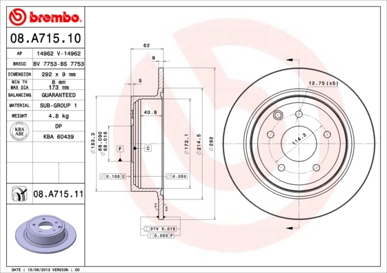 

Тормозной диск brembo задний для Nissan Juke F15 10-, NV200 10- 08a71510