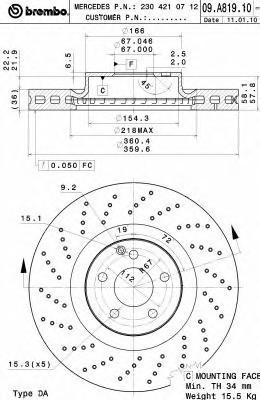 

09.А819.11_Диск Тормозной Передний Перфорированный Мв W211/S211/R230/R172 02> BREMBO 09a81
