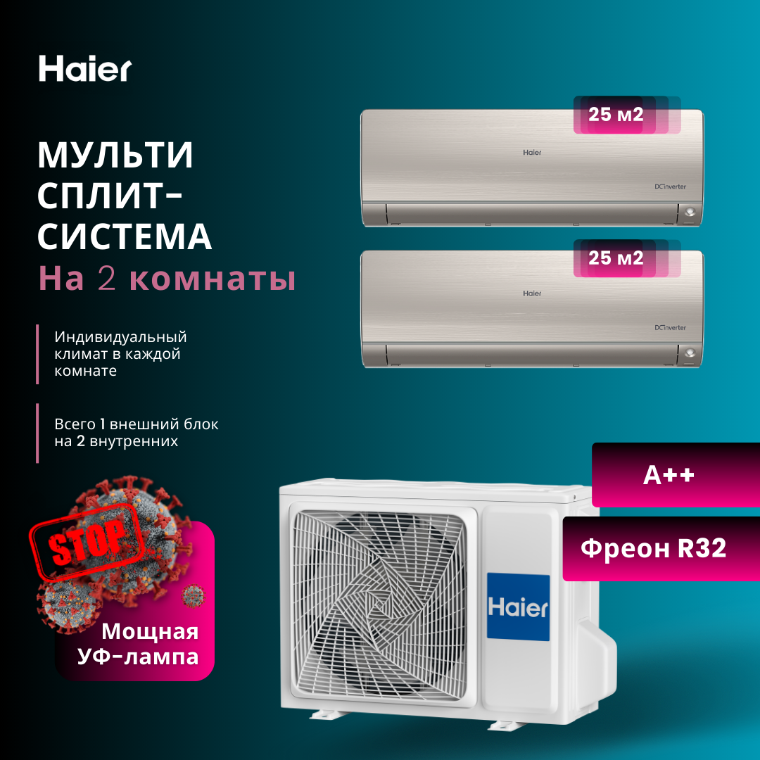 

Мульти сплит-система на 2 комнаты ( 20+20 м2) Haier gold, 2 Х AS25S2SF2FA-G / 2U40S2SM1FA