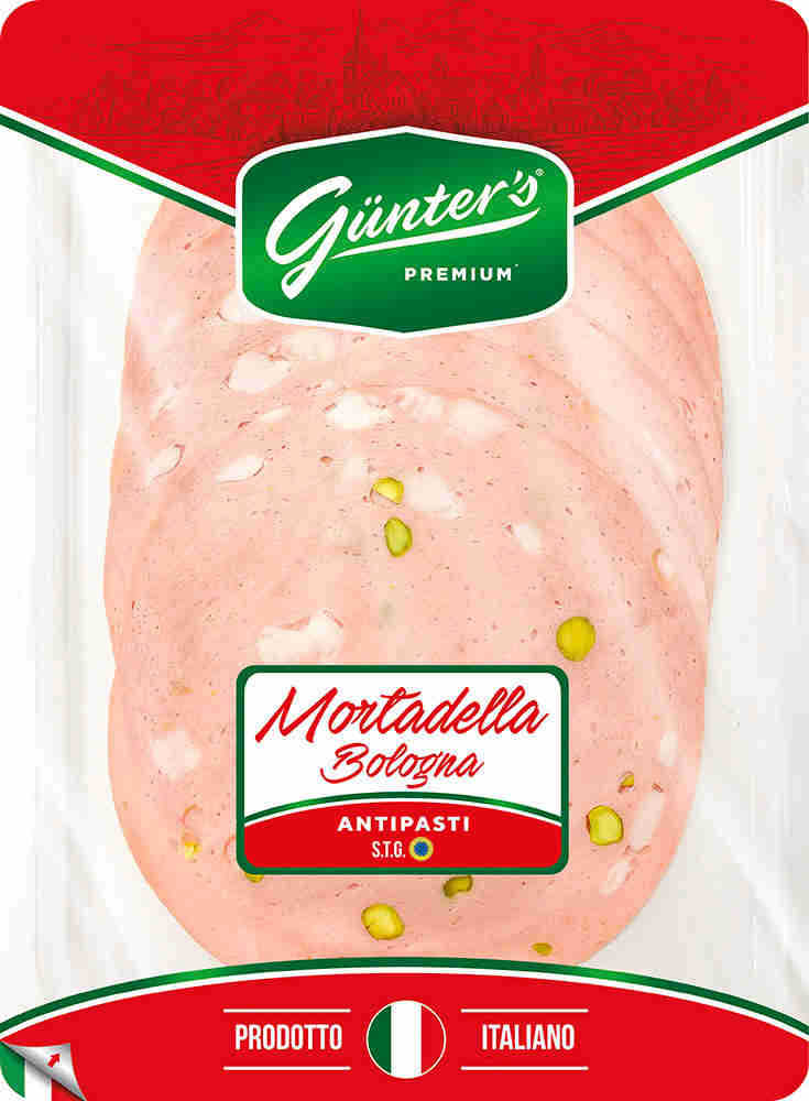 Колбаса Gunters Premium Мортаделла вареная Мортаделла с фисташками нарезка 120 г
