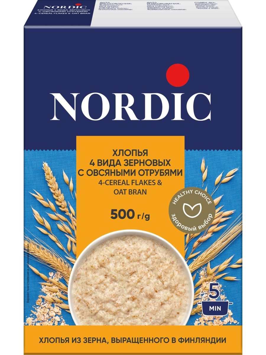 Хлопья Nordic 4 вида зерновых с овсяными отрубями, 500 г