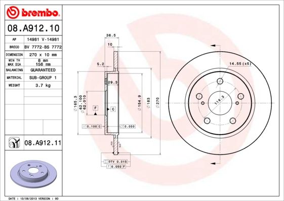 

Диск Торм.Зад. Тоyота Аuris Nrе15_, Zzе15_, Аdе15_, Zrе15_, Ndе15_ 10/06=> BREMBO 08a91210