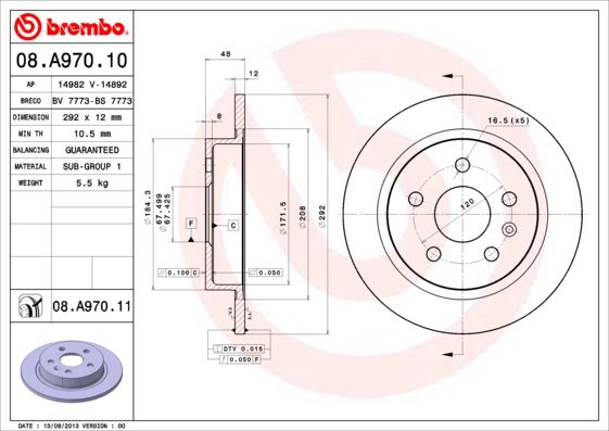 

Диск Торм. Зад.Вент.[292Х12] 5 Отв. BREMBO 08a97011