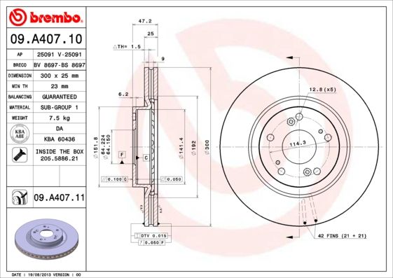 

Тормозной диск brembo передний вентилируемый 300x25 мм 5 отверстий 09a40711