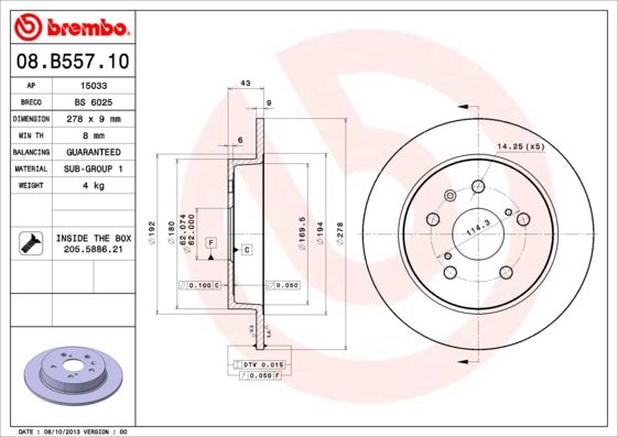 

Тормозной диск brembo задний 278x9 мм 5 отверстий 08b55710