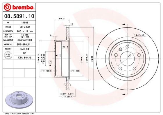 

Диск Тормозной Задний 286Mm BREMBO 08589110