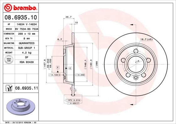 

Диск Тормозной Задний 268Mm BREMBO 08693510
