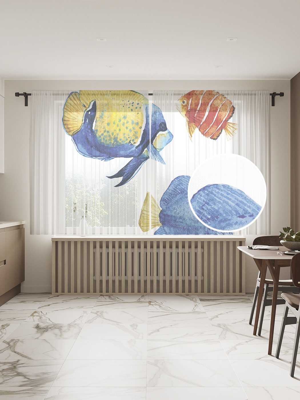 

Фототюль JoyArty "Три акварельные рыбки" 145x180см, 2 полотна, лента, 50 крючков, Три акварельные рыбки