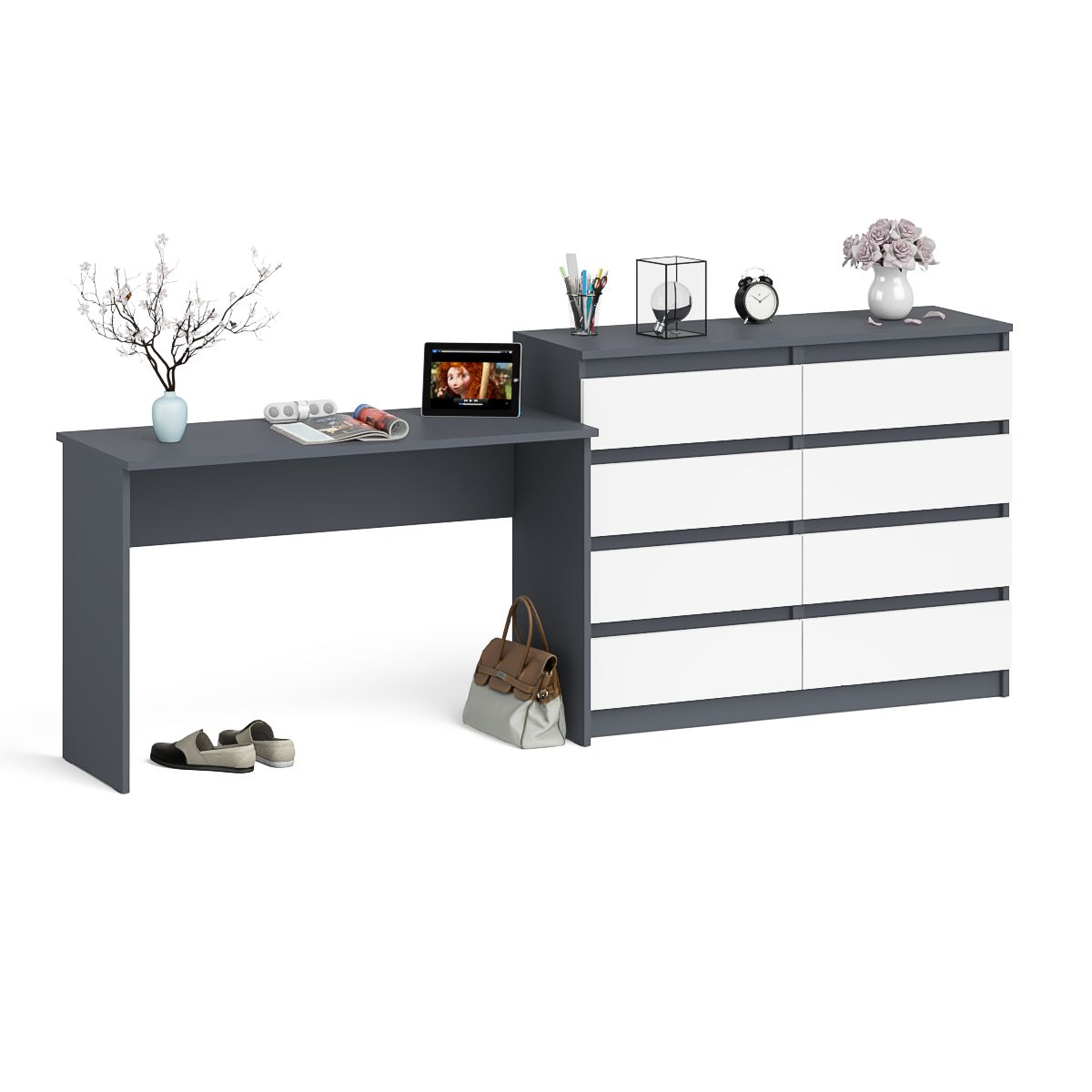 

Комод СВК Мори МК1200.8 и стол письменный 1200 графит/белый, 240,8х50х94 см, МСП1200.1+МК1200.8-ГБ