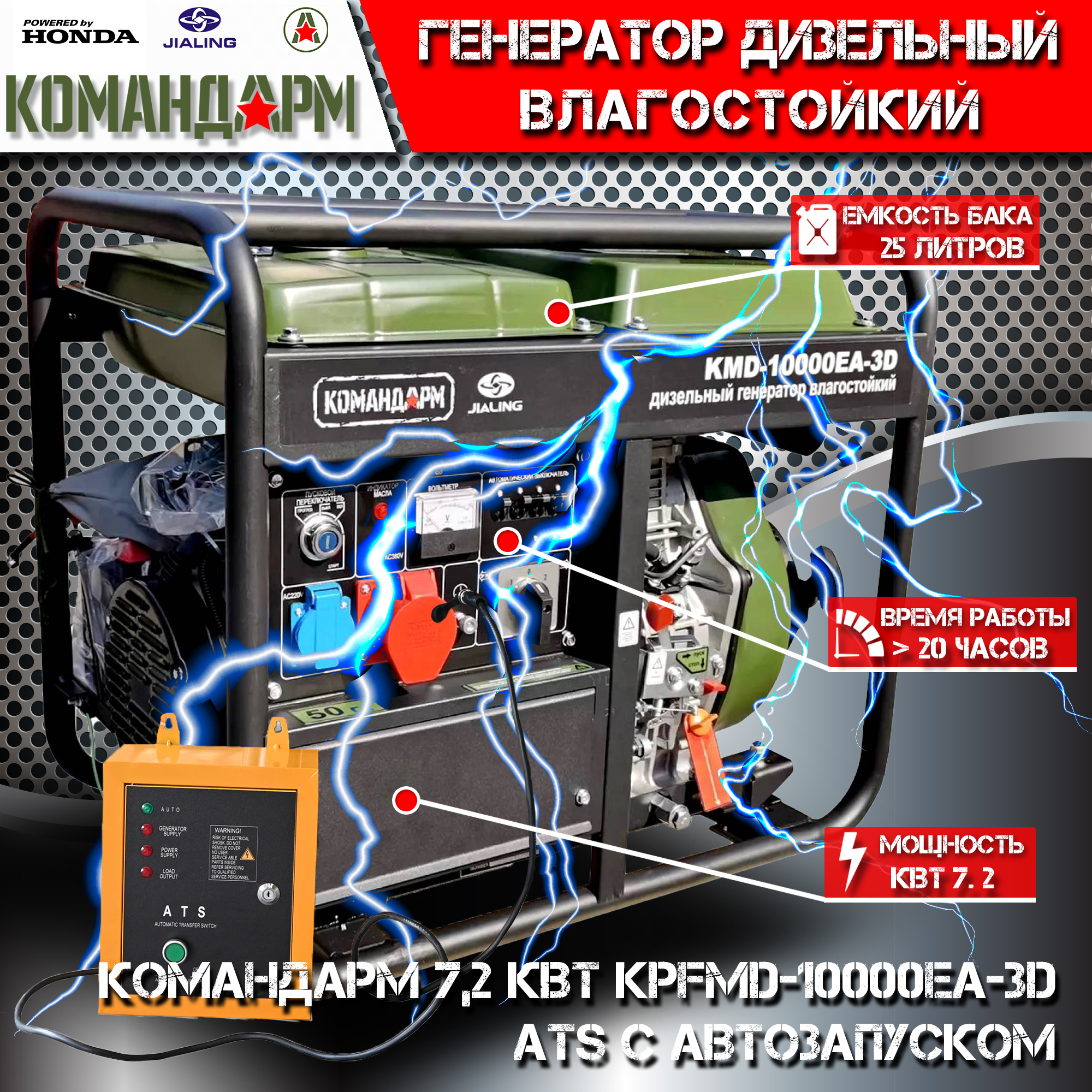 Дизельный генератор Командарм KMD-10000EA-3D ATS с автозапуском (7,2 кВт)