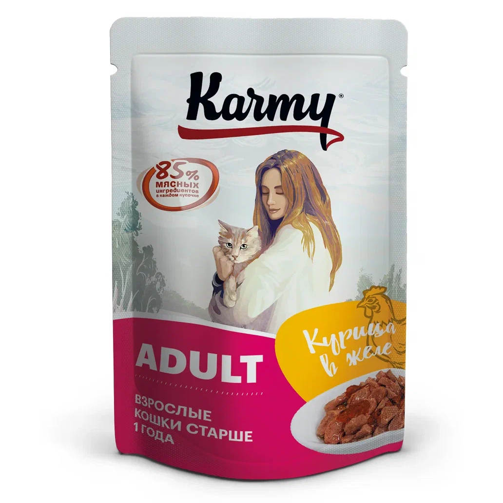 Корм влажный Karmy для кошек, курица, в желе, пауч, 80 г