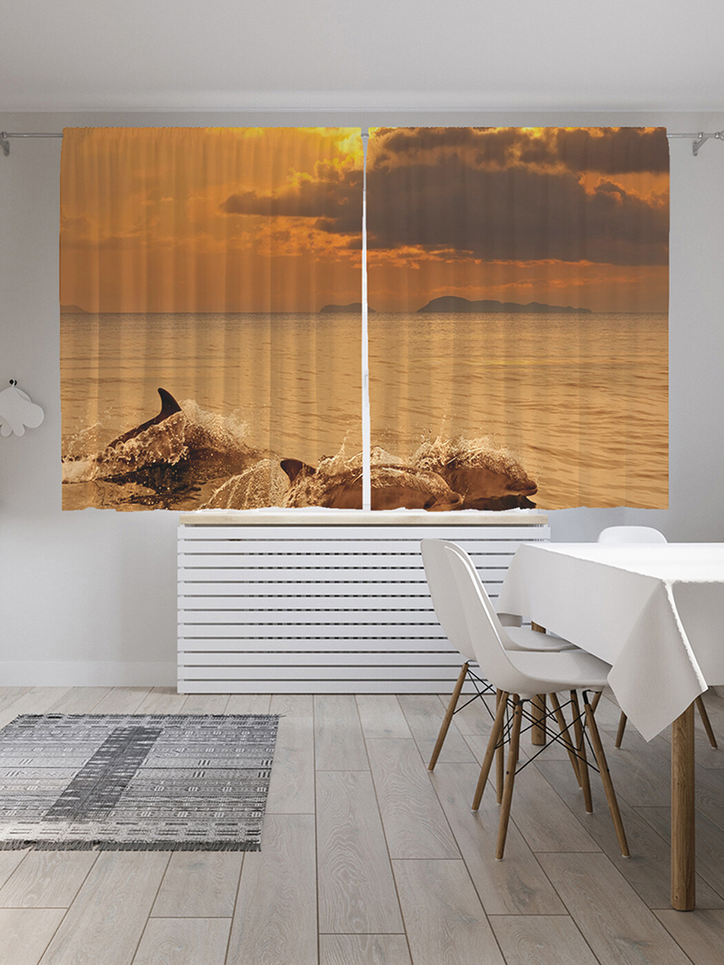 

Фотошторы короткие JoyArty Плывущие дельфины, сатен, 290x180 см