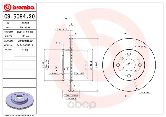 

Тормозной диск brembo передний вентилируемый 238 мм 9508430
