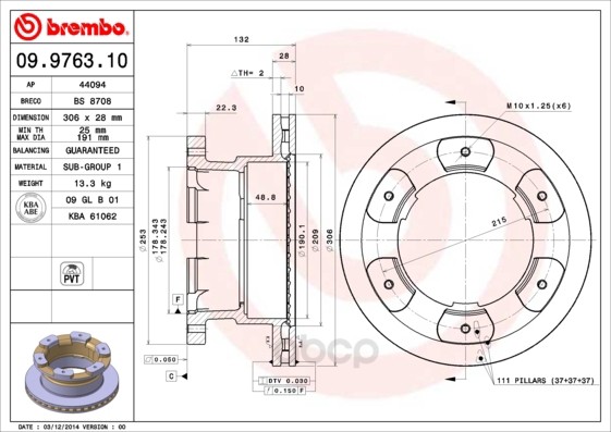 

Тормозной диск brembo задний вентилируемый 306x28 мм 6 отверстий 9976310