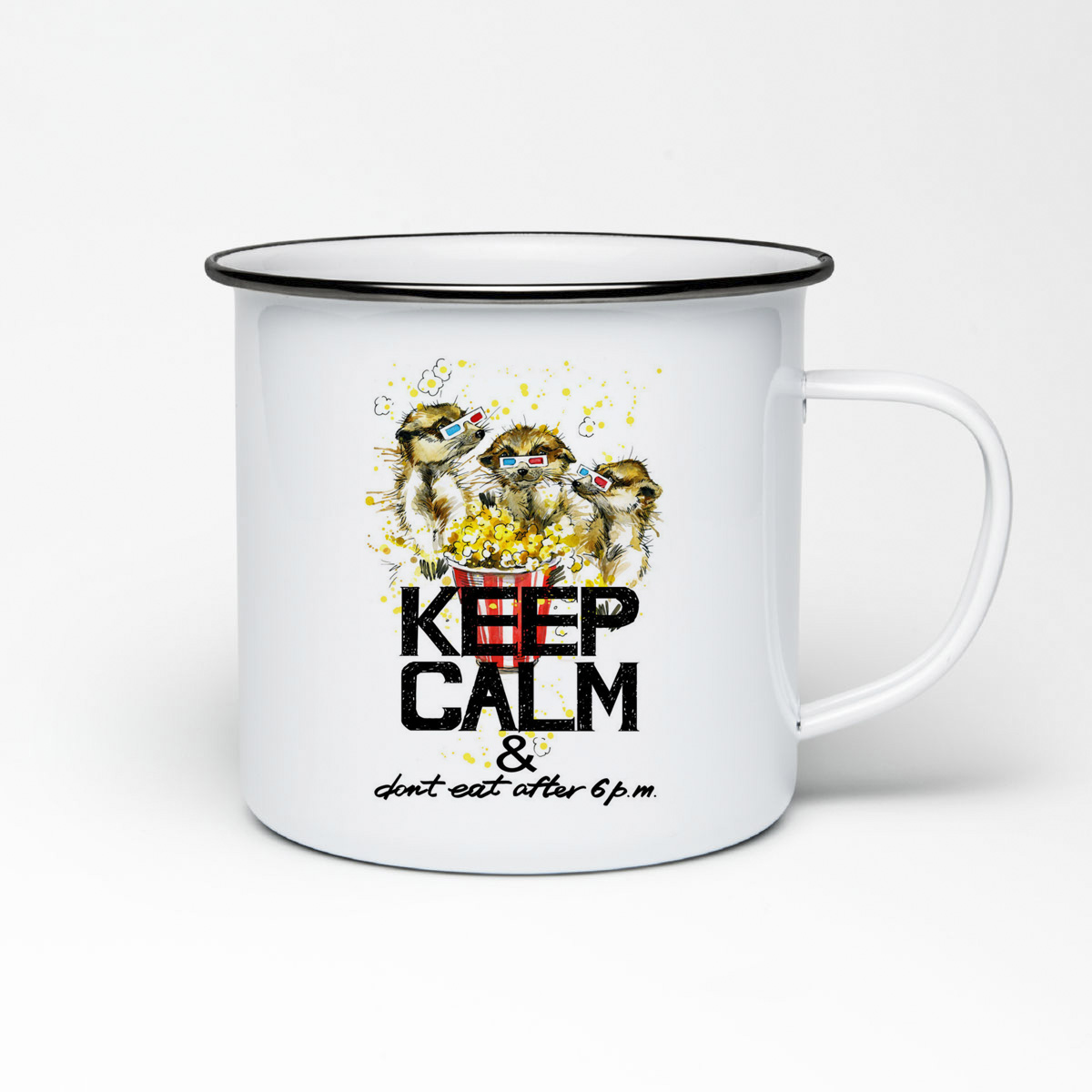 

Кружка металлическая CoolPodarok Keep calm and dont eat after 6 pm. Сурикаты и попкорн
