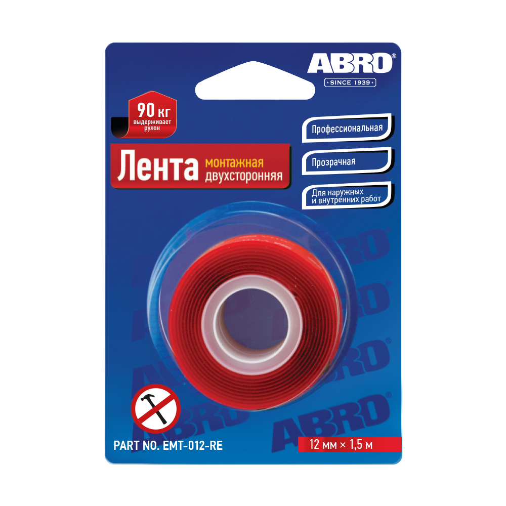 

ABRO Скотч 2-х сторонний (12х1,51м) прозрачный монтажный ABRO