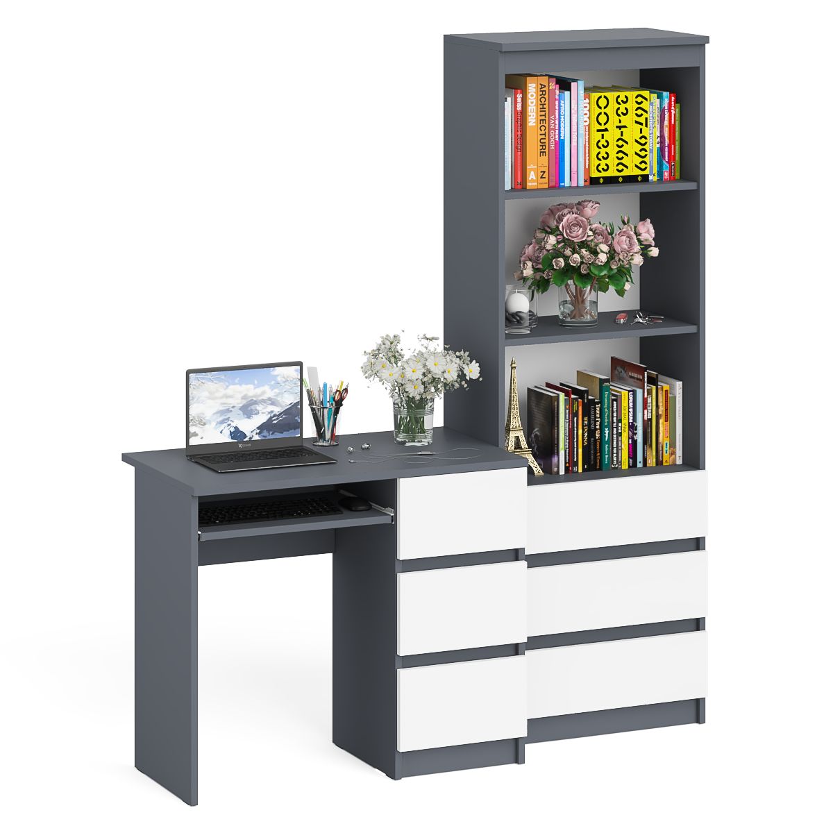 

Стол компьютерный СВК Мори МСТ600.3 с тумбой справа графит/белый, 150х50х179,6 см, МС-6П+МСТ600.3-ГБ