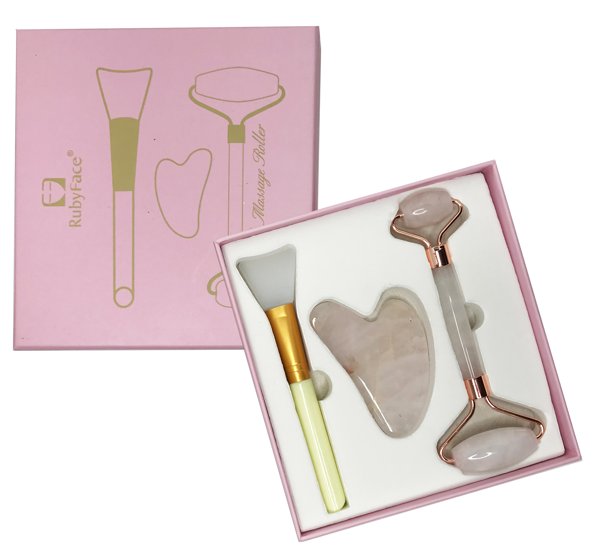 фото Набор studio-m гуаша из розового кварца, роллер, скребок и шпатель для нанесения масок.