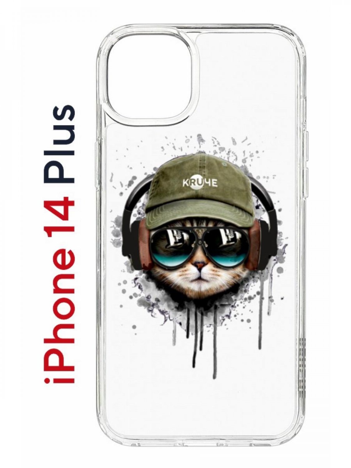 Чехол на iPhone 14 Plus с принтом Kruche Print Кот в наушниках, бампер с защитой камеры