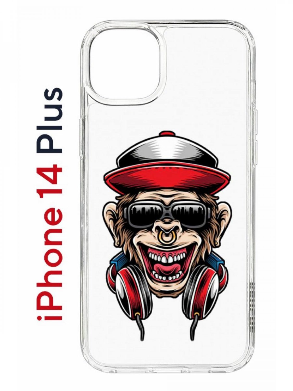 

Чехол на iPhone 14 Plus Kruche Print Обезьяна с наушниками, бампер с защитой камеры, Прозрачный;красный;черный;коричневый, Айфон 14 Плюс