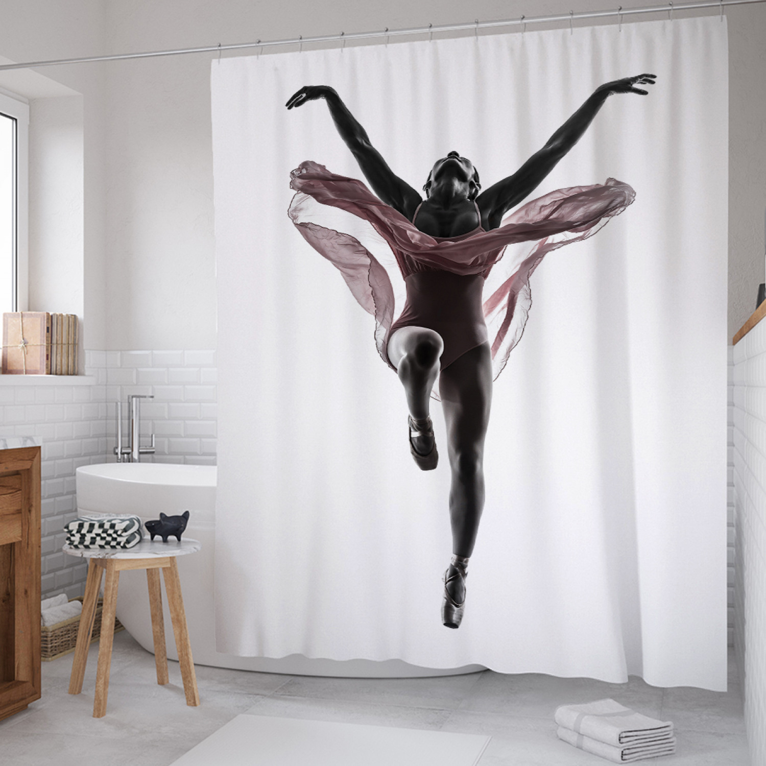 

Штора для ванной JoyArty "Подскок балерины" из сатена, 180х200 см с крючками, Белый, Подскок балерины