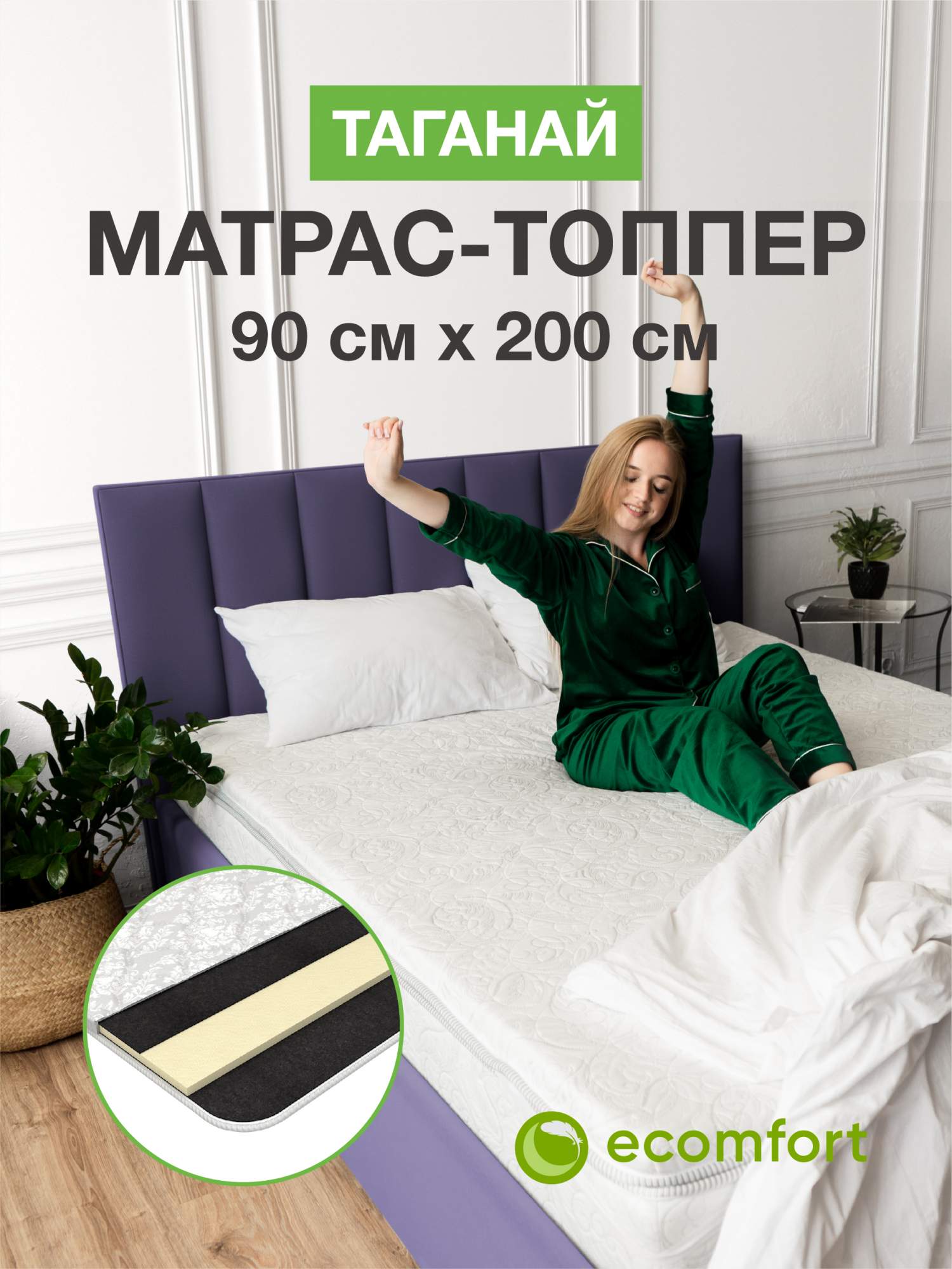 Топпер на диван Ecomfort Таганай 90х200 на резинке