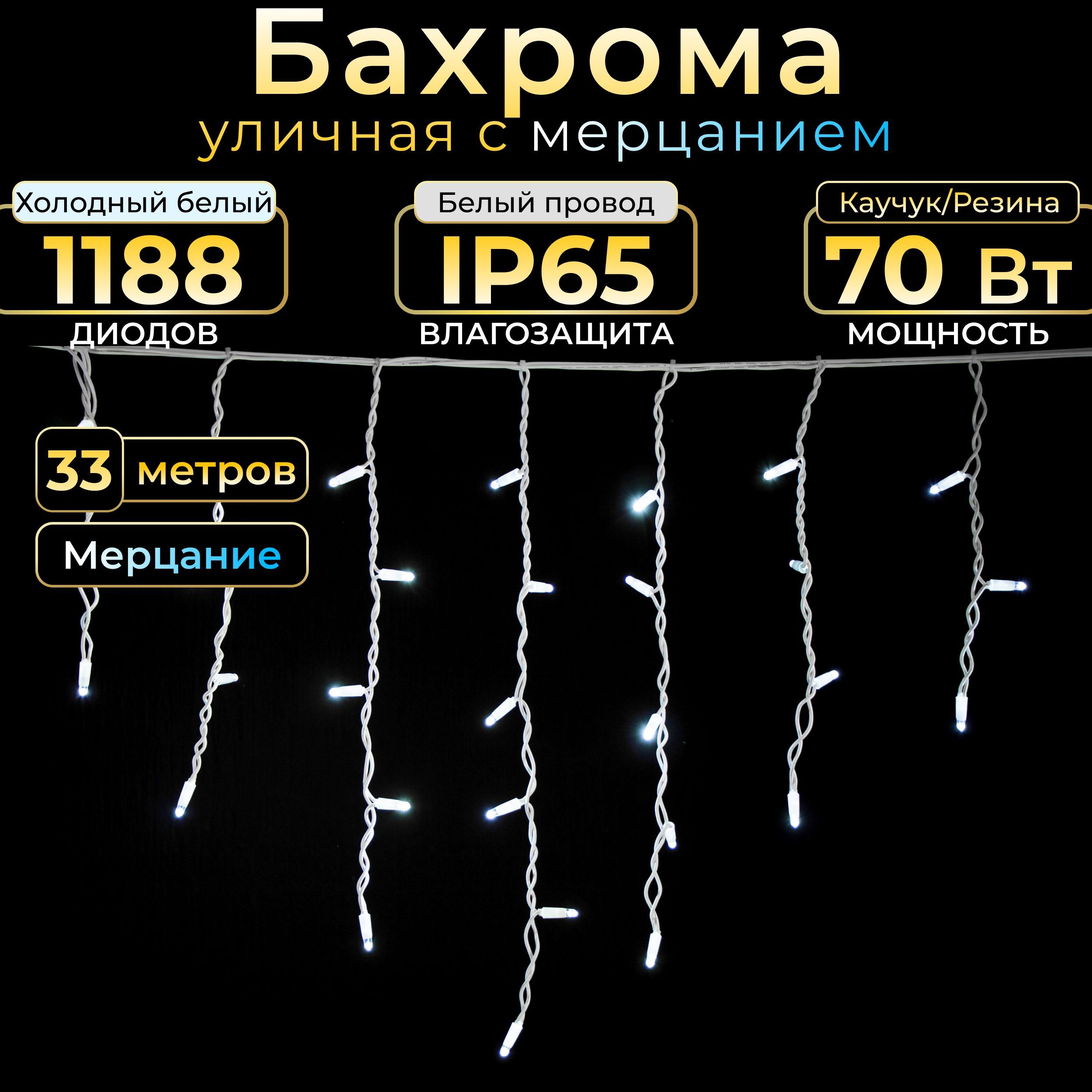 Гирлянда бахрома с мерцанием TEAMPROF, 33 м, холодный белый, белый каучук, IP65, 220в