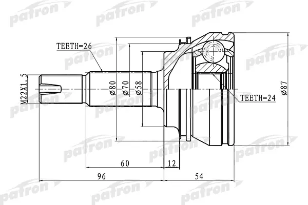 ШРУС наружный (без ABS) 24x58x26 TOYOTA COROLLA CE120/NZE120 00-06 PATRON PCV1441