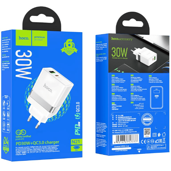 

Переходник СЗУ на USB+ Type-C 3A 30W HOCO N21 белый