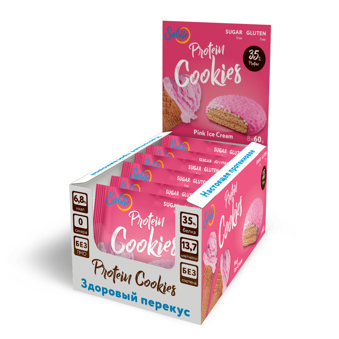 Протеиновое печенье SOLVIE Protein cookies, Розовое мороженое, 8 шт по 60 г