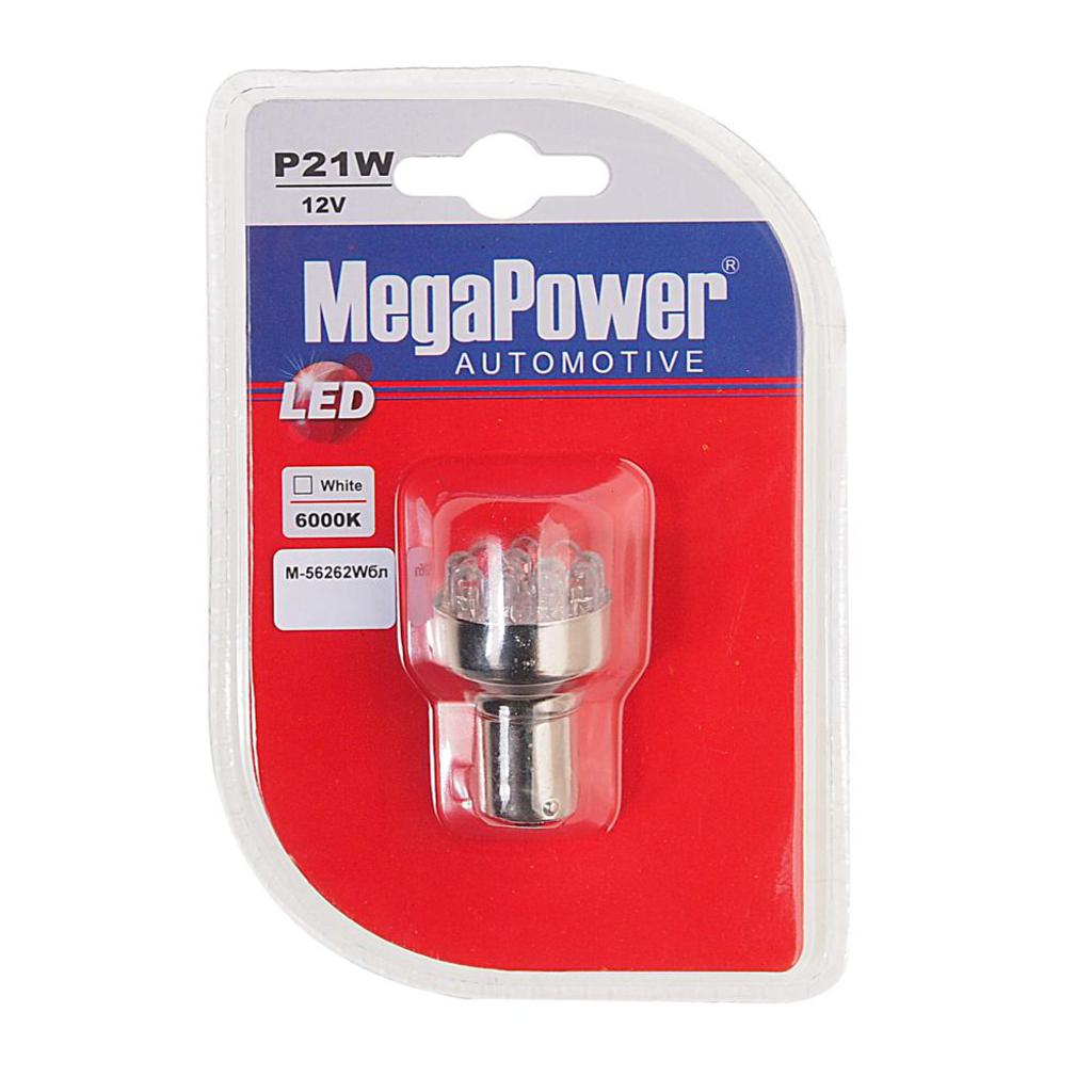 Лампа светодиодная 12V P21W BA15s 6000K 12 светодиодов блистер (1шт.) MEGAPOWER 56262Wбл