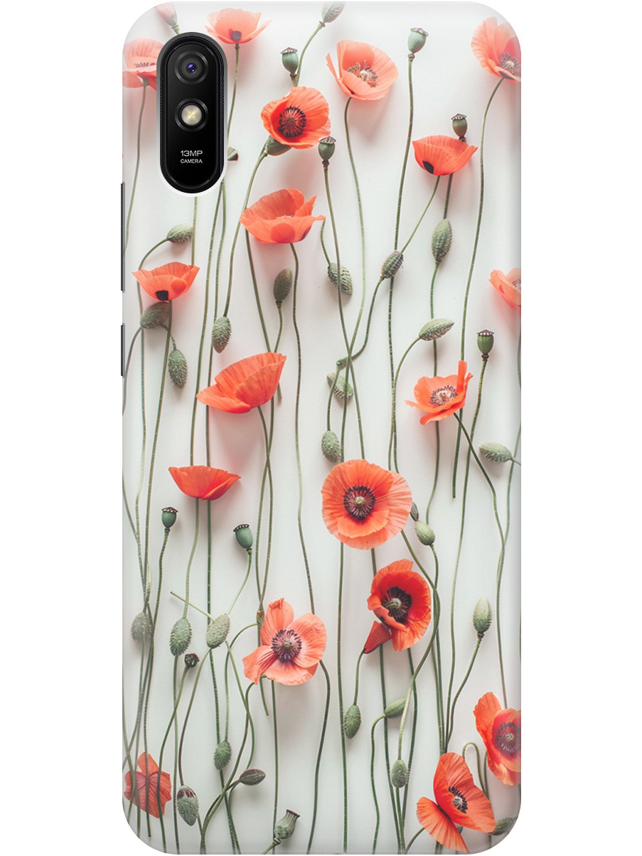 

Силиконовый чехол на Xiaomi Redmi 9A с рисунком "Маки на белой стене", Белый;красный, 20001194
