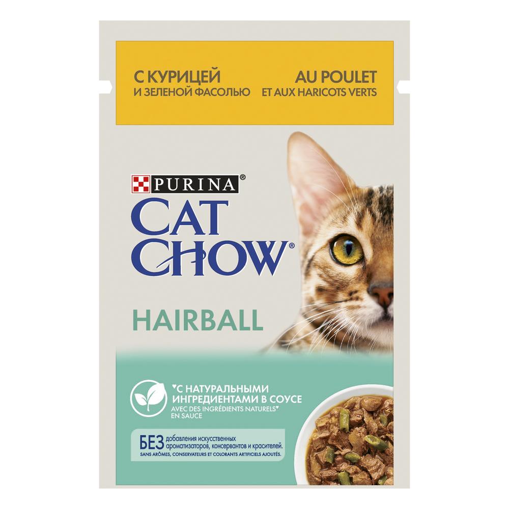 фото Влажный корм для кошек cat chow hairball, курица с зеленой фасолью в соусе, 26шт, 85г