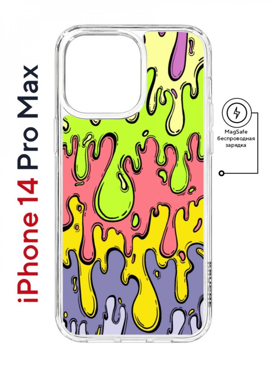 

Чехол на iPhone 14 Pro Max MagSafe Kruche Print Абстракция Капли противоударный с магнитом, Прозрачный;фиолетовый;розовый;желтый, Айфон 14 Про Макс Магсейф