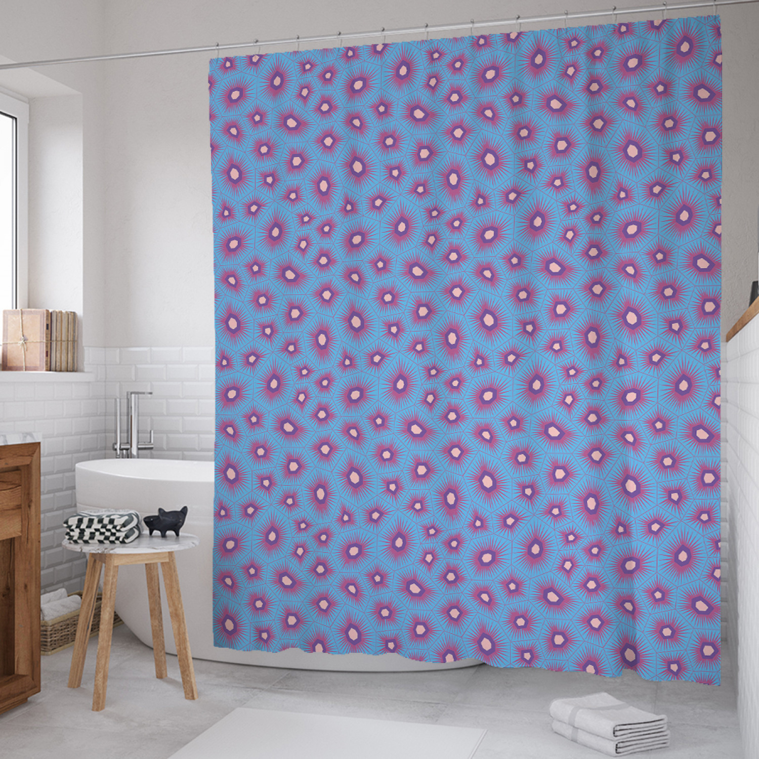 

Штора для ванной JoyArty "Полигональный взрыв" из сатена, 180х200 см с крючками, Голубой, Полигональный взрыв